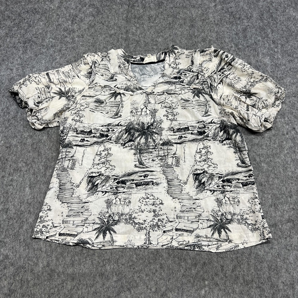 Umgee Shirt Womens 1XL White Tropical‎ Puff Sleeve V Neck Scenic Beach Blouse